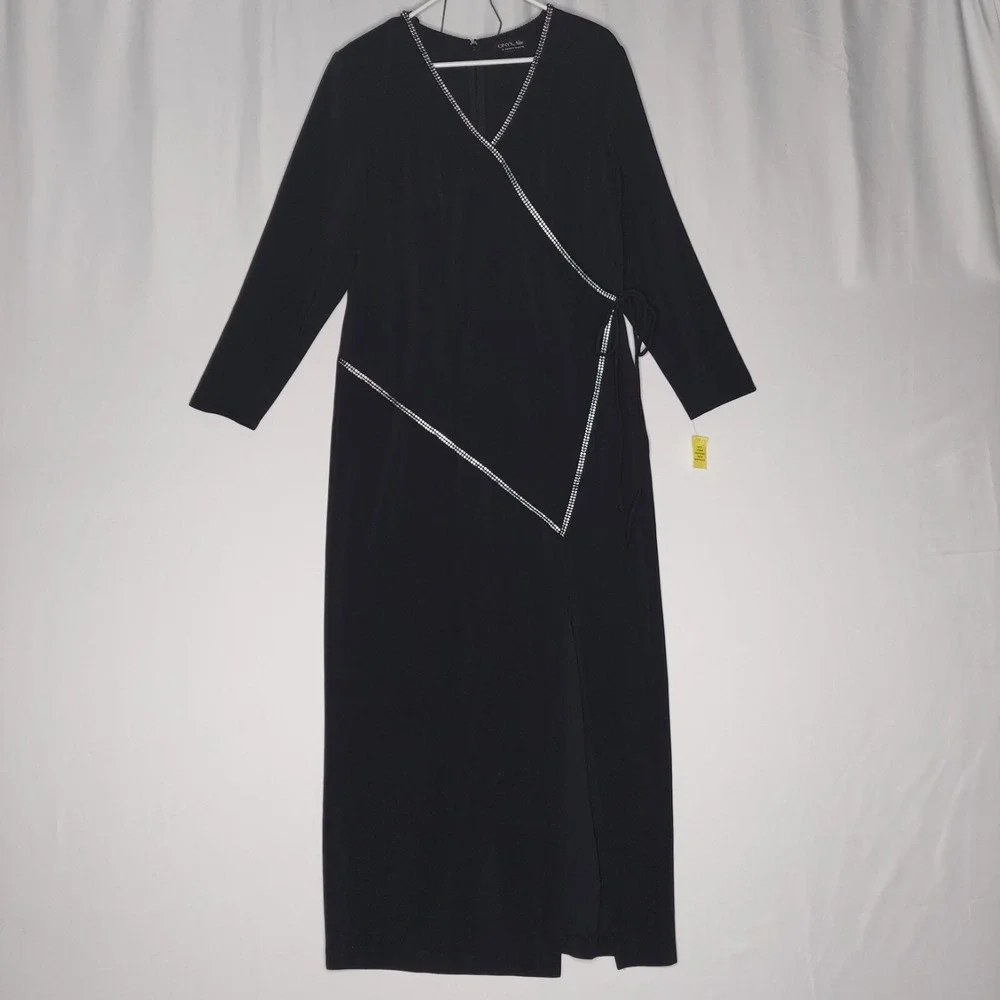 Onyx Nite Maxi Dress 14‎ Black Faux Wrap Diamond Jewel Tie VNeck Long Sleeve Zip